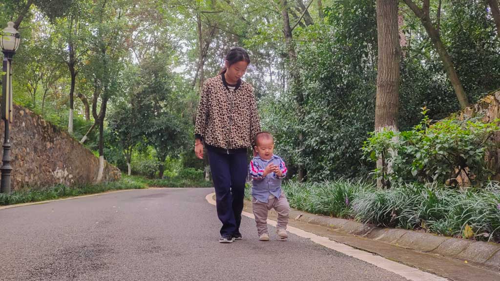 下坡路上还看着手上的松果